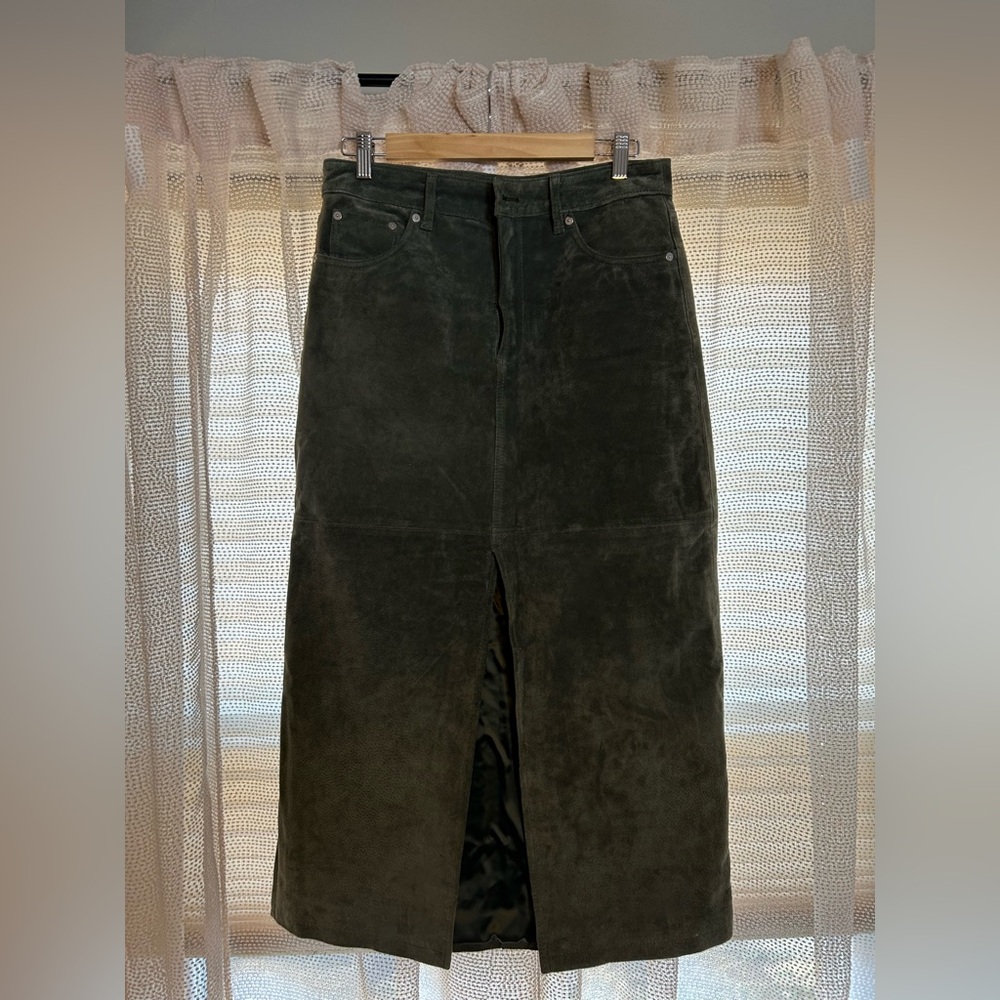 Blank NYC Olive Suede Midi Skirt with Front Slit 100% leather